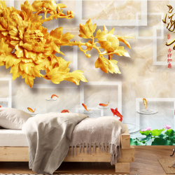 Tranh 3D cữu ngư và hoa mẫu đơn
