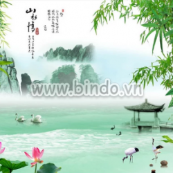 Tranh cảnh ao sen và bụi trúc