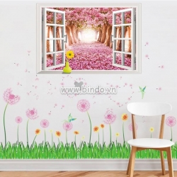 Decal dán tường Combo Cửa số con đường hoa hồng và Chân tường bồ công anh hồng