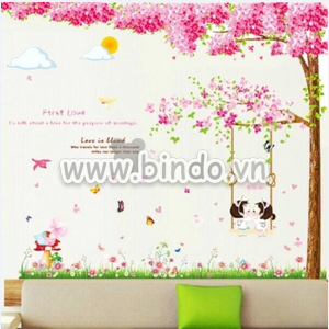 Decal dán tường Combo Cây đào hồng size 2 tấm và Xích đu hồng