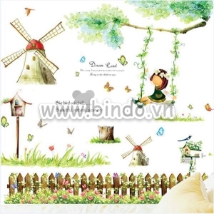 Decal dán tường Combo Cối xay gió và Cô bé và xích đu