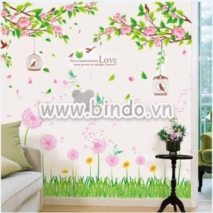Decal dán tường Combo Cành hoa tím và Chân tường bồ công anh hồng