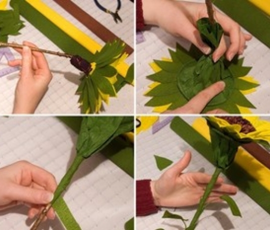 Học cách làm hoa hướng dương bằng giấy nhún đơn giản mà đẹp 9