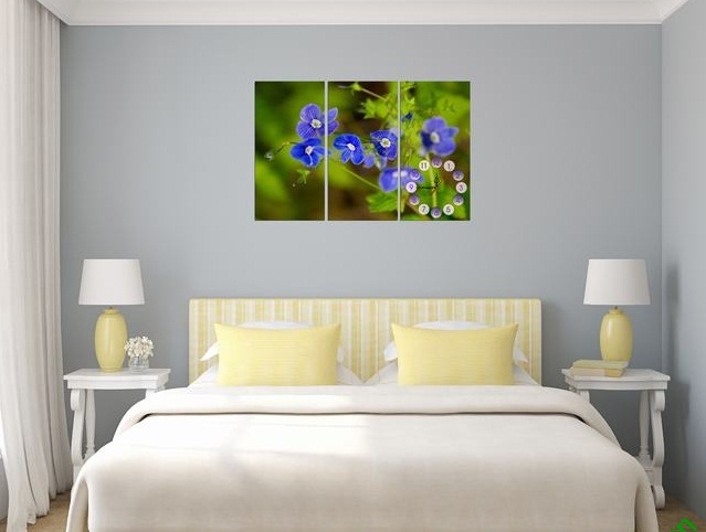 Tranh đồng hồ treo tường phòng ngủ hiện đại hoa màu xanh 1