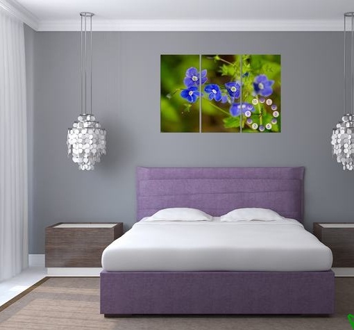 Tranh đồng hồ treo tường phòng ngủ hiện đại hoa màu xanh 3