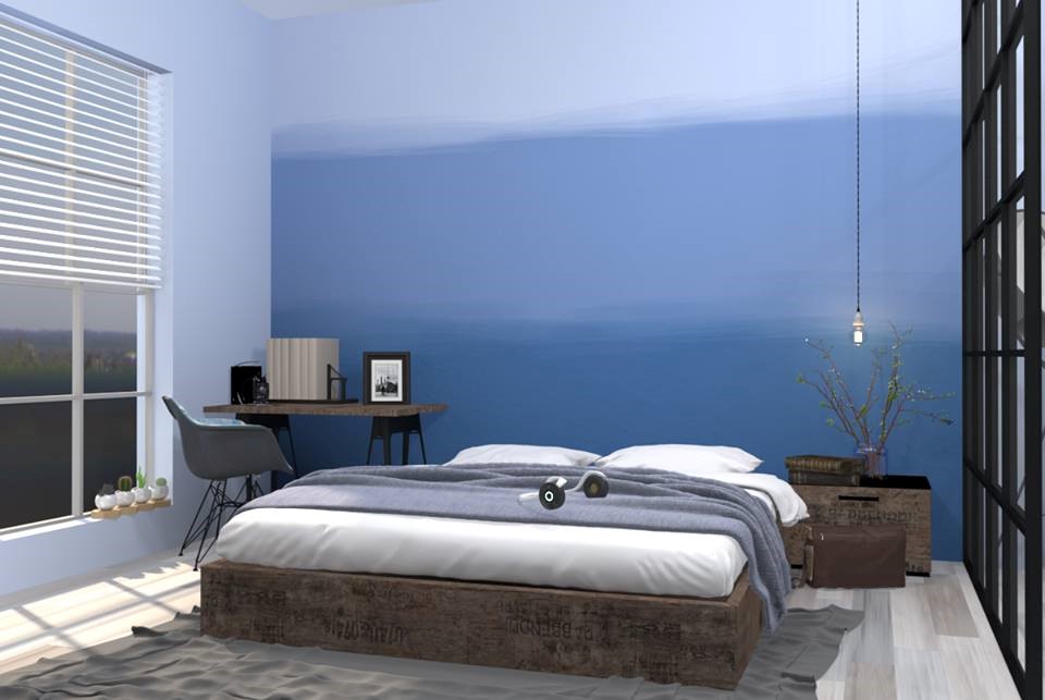 Tường nhà đầy ấn tượng kết hợp với giấy dán tường màu xanh 6