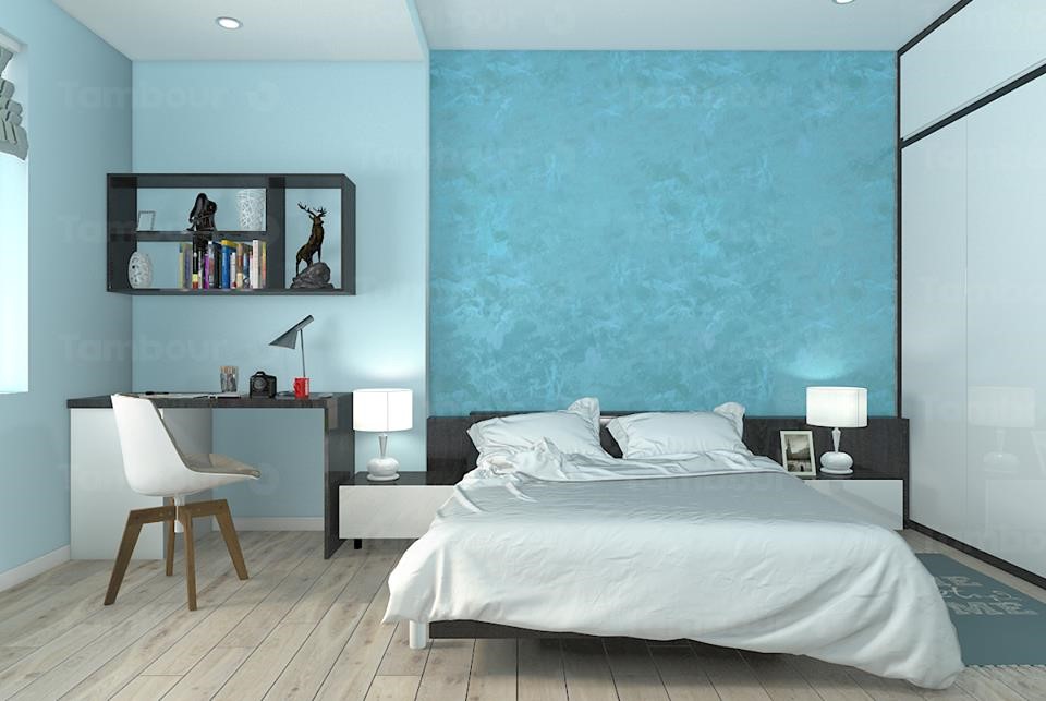 Tường nhà đầy ấn tượng kết hợp với giấy dán tường màu xanh 7