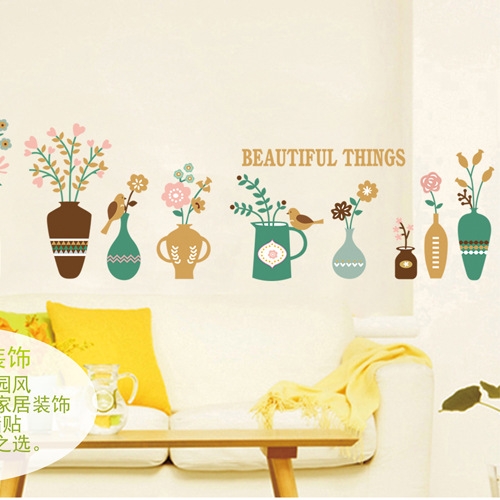 Decal dán tường 10 chậu hoa sắc màu, màu xanh, trang trí phòng khách, khổ nhỏ 1,20 X 0,50 (m) (dài x rộng) ở TPHCM - 
