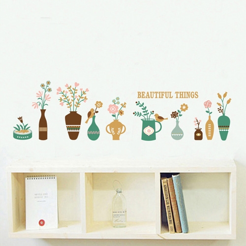 Decal chậu hoa sắc màu, màu xanh dán tường kính đẹp - 1