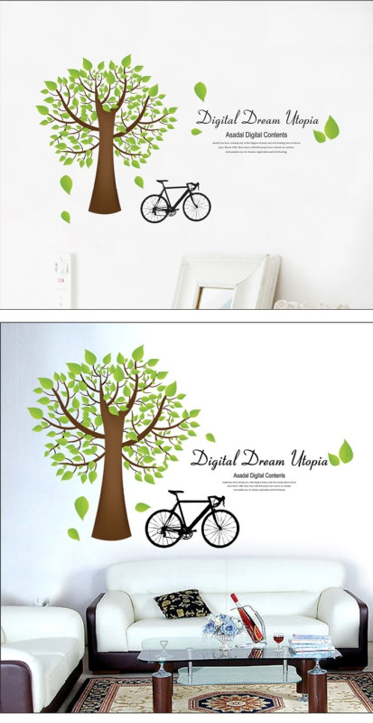 Decal cây xanh và xe đạp dán tường kính quán café trà sữa - 1