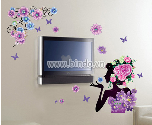 Decal cô gái và hoa hồng tím dán tường quán phòng khách - 1