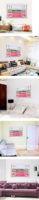 Decal dán cửa sổ cánh đồng hoa hồng và đỉnh núi, có sẵn keo, dán phòng khách, TPHCM khổ nhỏ 60 x 90 (cm) - 
