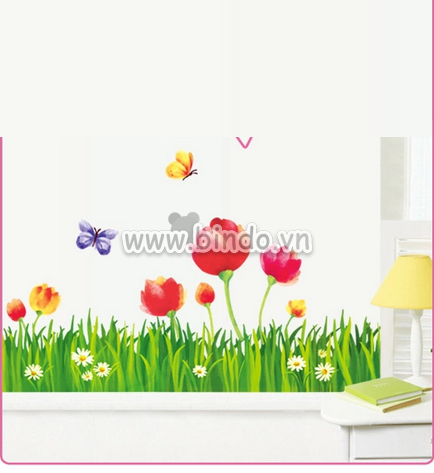 Decal chân tường decal chân tường hoa tulip to, màu đỏ, dán chân tường phòng ngủ,  - 