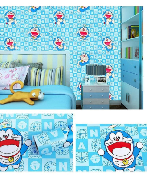 Giấy dán tường doremon hoạt tiết hoạt hình dán tường phòng ngủ bé đẹp, màu xanh da trời, dài 10 mét ở TPHCM - 
