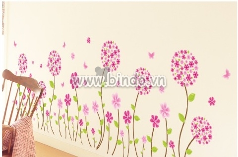 Decal hoa tú cầu hồng nhỏ, khổ nhỏ 1,5 x 0,45 (m) (dài x rộng) dán tường phòng ngủ, sau tivi,  - 2