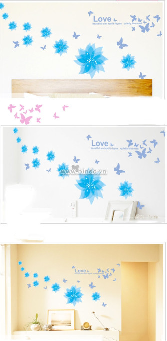 Decal dán họa tiết hoa xanh dương, chi tiết rời, dán tường sau tivi, tại TPHCM  - 3