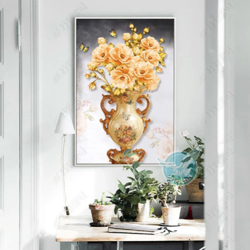 Tranh bộ 3 chim công ngủ sắc và lọ hoa - 4