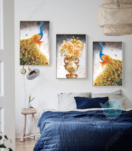 Tranh bộ 3 chim công ngủ sắc và lọ hoa - 2