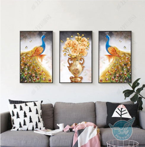 Tranh bộ 3 chim công ngủ sắc và lọ hoa - 1