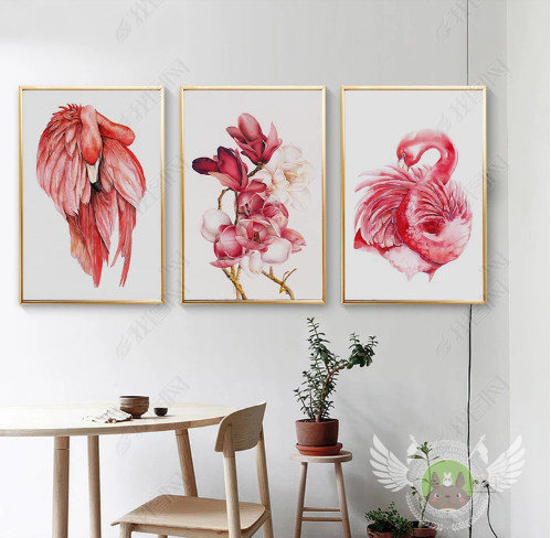 Tranh bộ 3 chim hồng hạc và hoa - 1