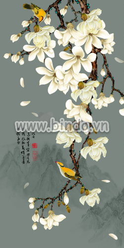 Tranh hoa lan trắng và đôi chim vàng - 