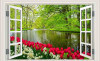 Tranh dán tường cửa sổ hoa tulip và dòng sông xanh - 1