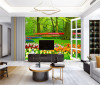 Tranh cửa sổ vườn hoa tulip sắc màu -