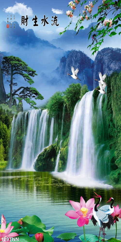 Tranh dán tường  phong cảnh thác nước và đàn chim bay - 