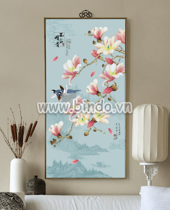 Tranh hoa sứ hồng và đôi chim - 2