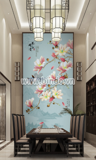 Tranh hoa sứ hồng và đôi chim -