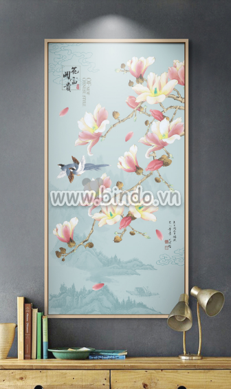 Tranh hoa sứ hồng và đôi chim - 3