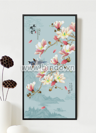 Tranh hoa sứ hồng và đôi chim - 1