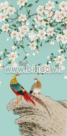 Tranh hoa trắng và đôi chim hỷ tước - 