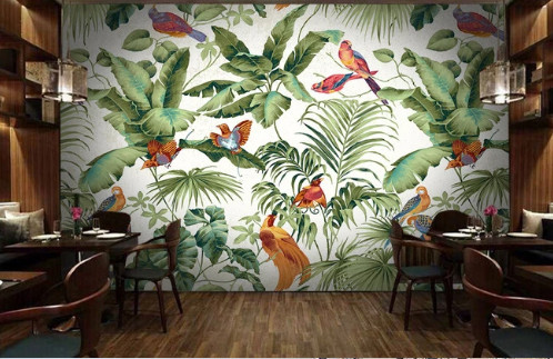 Tranh vẽ khu rừng cây lá nhiệt đới và chim dán tường phòng khách, quán ăn cafe độc đáo - 3