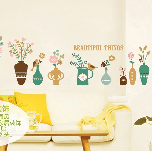 Decal dán tường Decal chậu hoa sắc màu, màu xanh dán tường kính đẹp