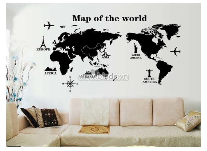 Decal dán tường Decal bản đồ thế giới dán tường quán café, sẵn keo