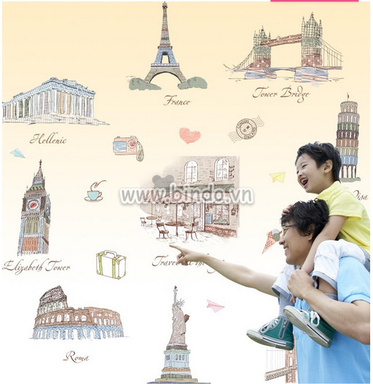 Decal dán tường Decal kỳ quan thế giới 1 kiểu hàn quốc, trang trí quán café