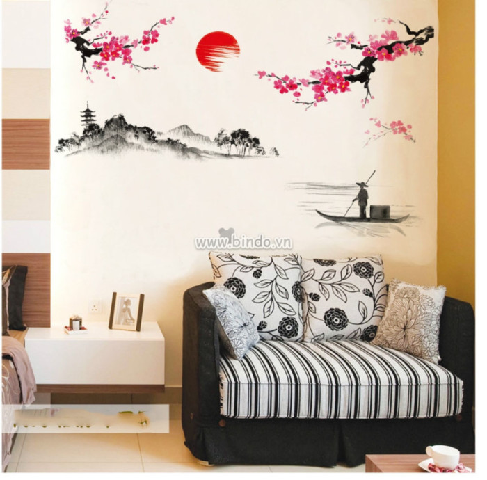 Decal dán tường Cành đào 9 (thuyền và núi)