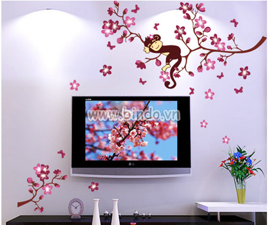 Decal dán tường Decal dán tường cành đào và khỉ con phong cách hàn quốc