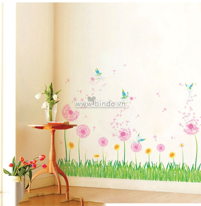 Decal dán tường Chân tường bồ công anh hồng