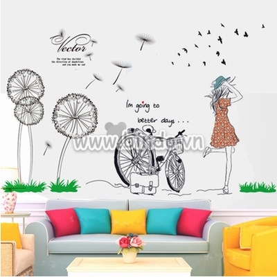 Decal dán tường Combo Decal Hoa bồ công anh và cô gái xe đạp