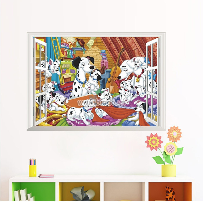 Decal dán tường Decal dán cửa sổ gia đình chó đốm 3d, dán theo sở thích, trang trí phòng khách, TPHCM 【Có thi công】