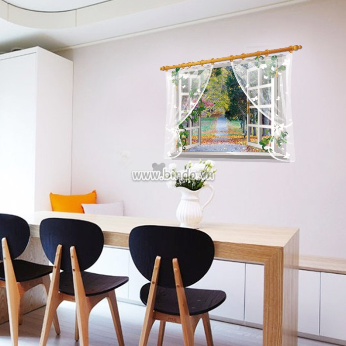 Cửa sổ 3D con đường mùa thu decal dán tường, 0,6 x 0,9 (m) (dài x rộng ), trang trí phòng khách - 3