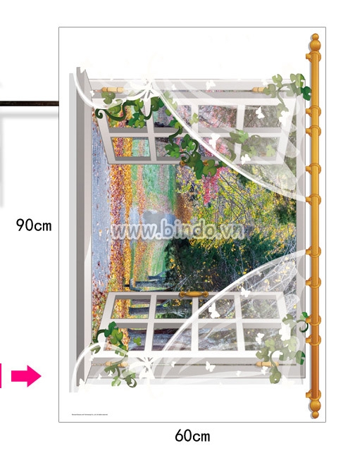 Cửa sổ 3D con đường mùa thu decal dán tường, 0,6 x 0,9 (m) (dài x rộng ), trang trí phòng khách - 4