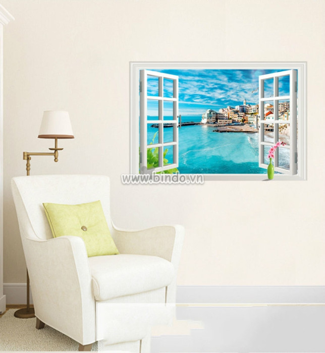 Decal dán tường cửa sổ thành phố biển, kiểu hàn quốc, trang trí phòng khách, TPHCM khổ lớn 0,9 x 0,6 (m) (dài x rộng) - 