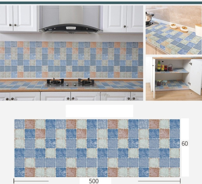 Decal dán tường Giấy dán bếp giả gạch vuông màu xanh 0.6m x 5m tráng nhôm, chịu nhiệt chống cháy dán được mặt bàn