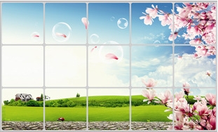 Decal dán tường Miếng dán bếp hoa anh đào hồng bên bầu trời xanh tráng nhôm, cách nhiệt, chống cháy