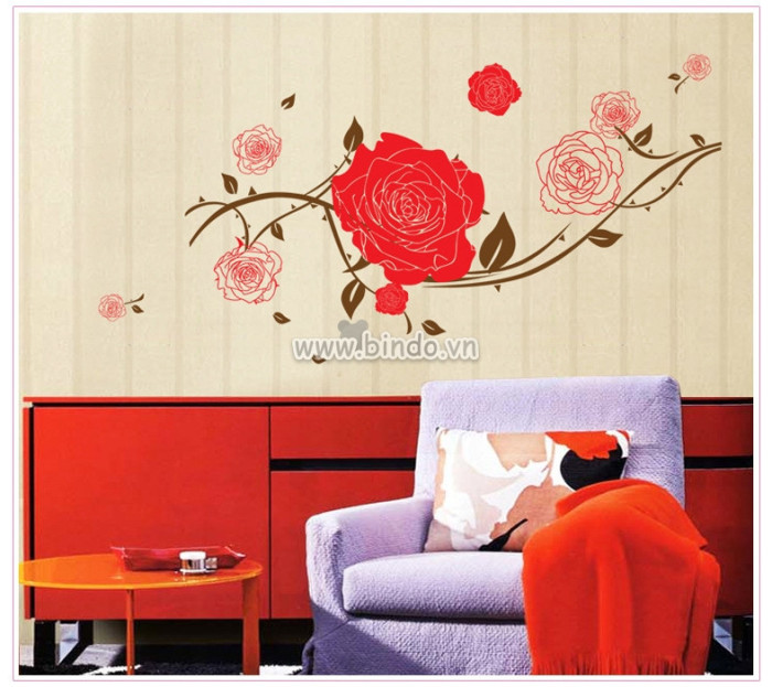 Decal dán tường dây leo hoa hồng đỏ, phong cách hàn quốc, dán tường sau tivi, đẹp tại TPHCM - 2
