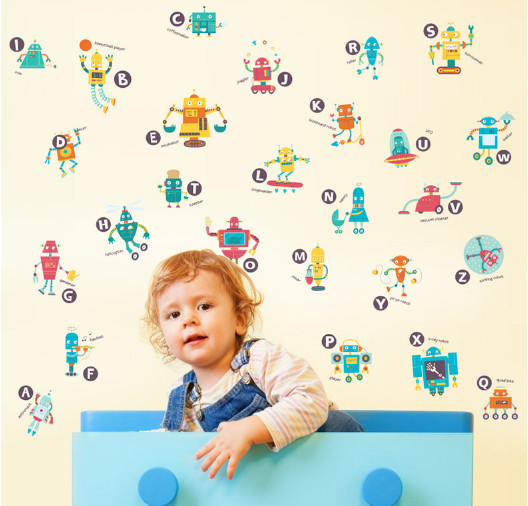 Decal dán tường Decal bảng chữ cái robot, có sẵn keo, dán tường phòng bé, tại TPHCM