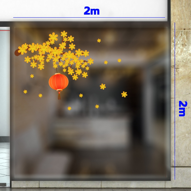 Decal dán tường Decal cành mai vàng và lồng đèn đỏ dán cửa kính